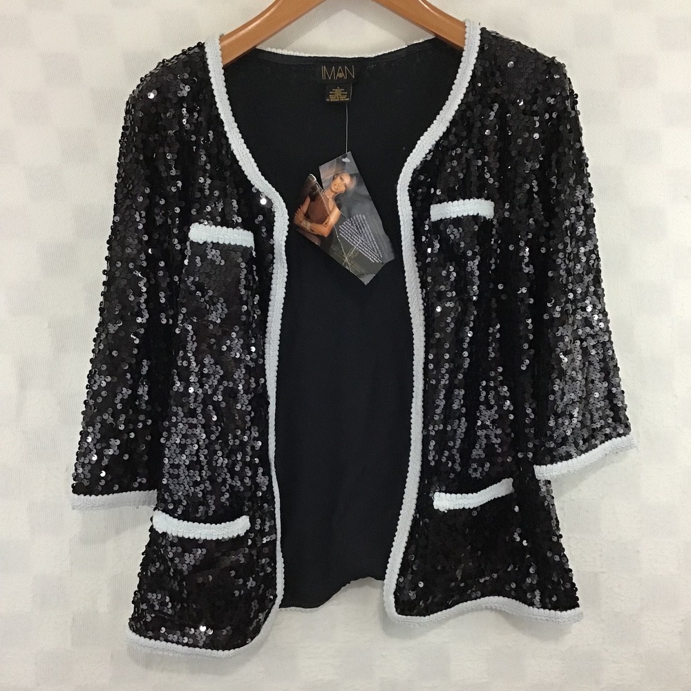 IMAN Global Chic Black Sequin Jacket White Trim 3/4 Sleeve NWT Large